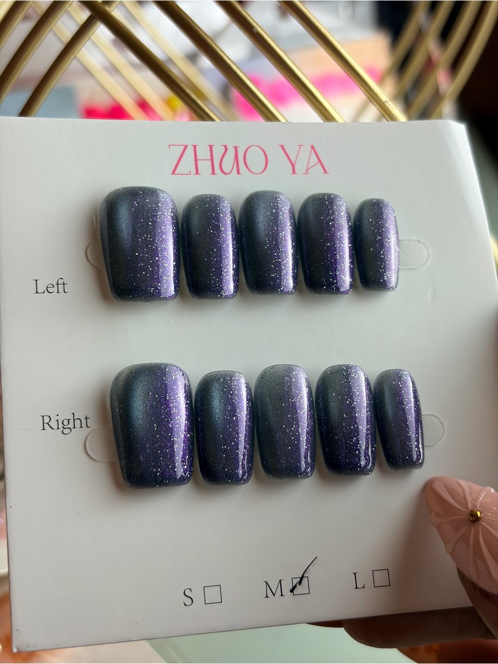 ZHOU YA Purple Glitter Press-On Nails Galaxy Medium